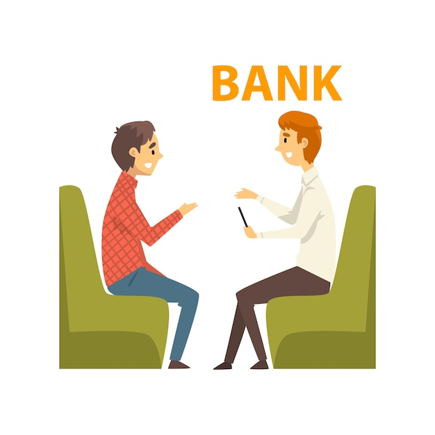 Male Client Consulting at Manager Meeting at Bank Office Bank Worker Providing Services to Customer Vector Illustration on White Background