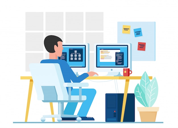 Male coder, male programmer using computers with two monitors while working on project in office  illustration