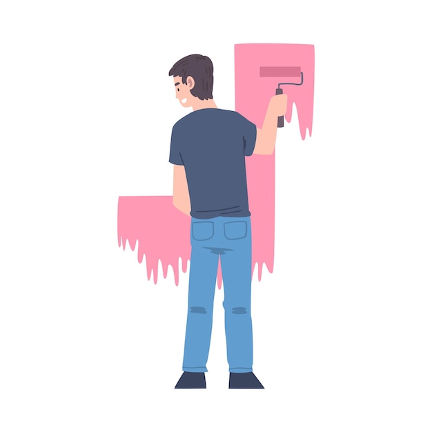 male coloring wall with paint roller vector illustration
