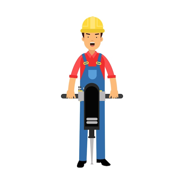 Male construction worker character holding pneumatic plugger cartoon vector Illustration on a white background