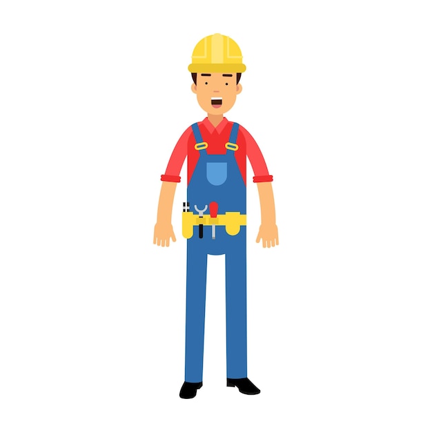 白い背景の上のツール漫画ベクトルイラストとベルトでオーバーオールの男性の建設労働者のキャラクター