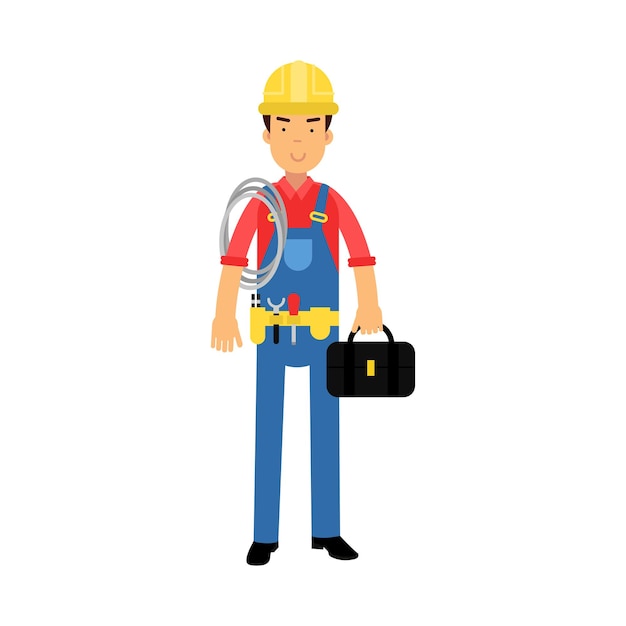 Персонаж мужского строителя, стоящий с ящиком для инструментов и рулон каната мультяшный векторная иллюстрация на белом фоне