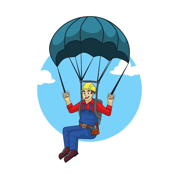 Vector male construction worker character with tool belt and parachute cartoon vector illustration on a white background