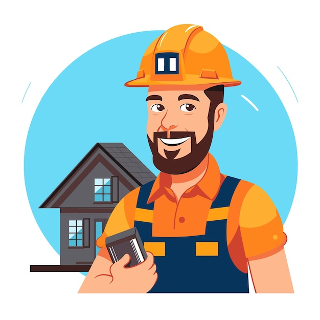 Vector male construction worker smiling wearing hard hat holding blueprint standing before house