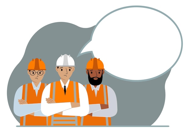 Male construction workers in white and orange helmets and vests next to a white thought bubble