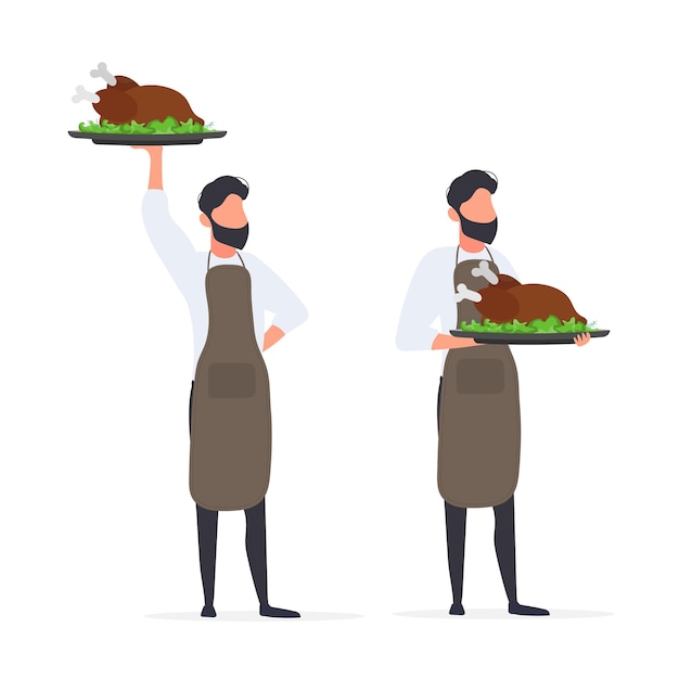 Il cuoco maschio tiene in mano un tacchino fritto. il tizio nel grembiule da cucina tiene in mano del pollo fritto. isolato. vettore.