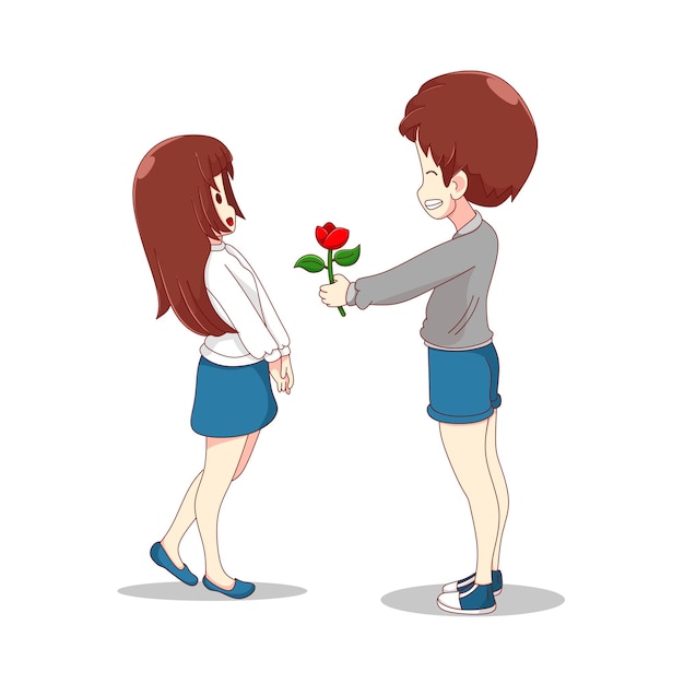 Male couple character giving flowers to girlfriend