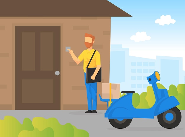 Vector male courier character delivering parcel to customer at home delivery service ecommerce concept vector illustration