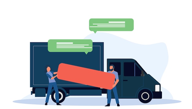 A male courier delivers goods around the city in a truck free shipping vector illustration