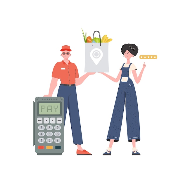 A male courier holds a package with groceries Delivery concept Isolated Cartoon style Vector