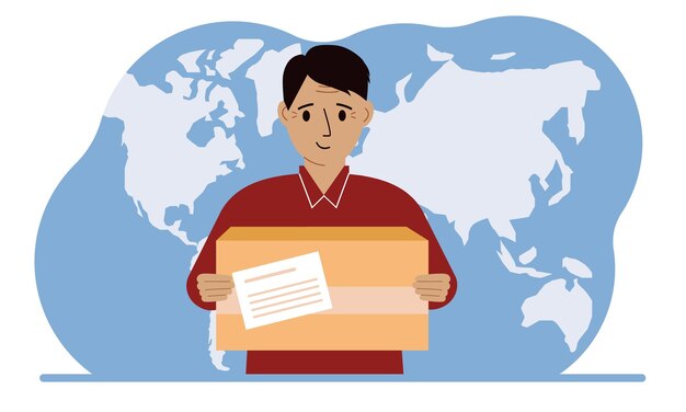 Мужчина-курьер в форме держит коробку Концепция доставки посылок по всему миру