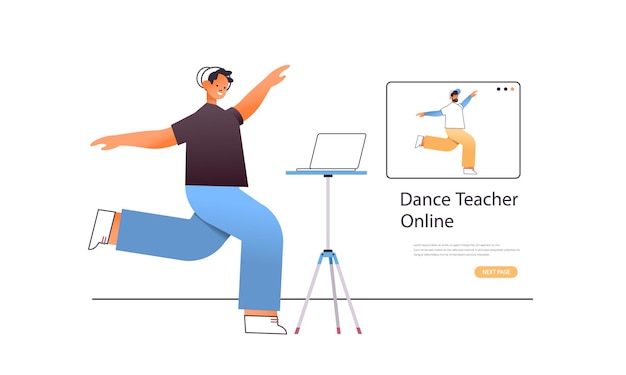 male dancer doing dancing exercises while watching online video training program with dance teacher workout