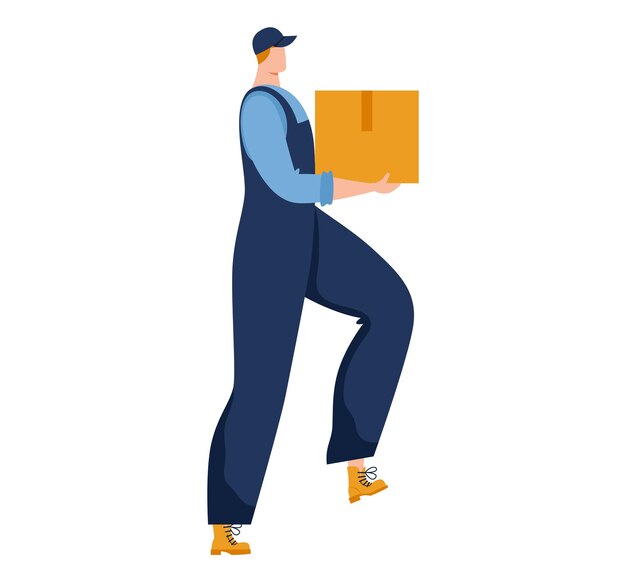 Male delivery worker in blue uniform and cap carrying a brown package delivery man package uniform