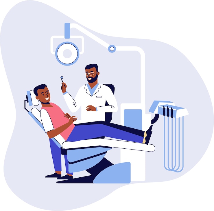 Vector male dentist and black man patient in dental office