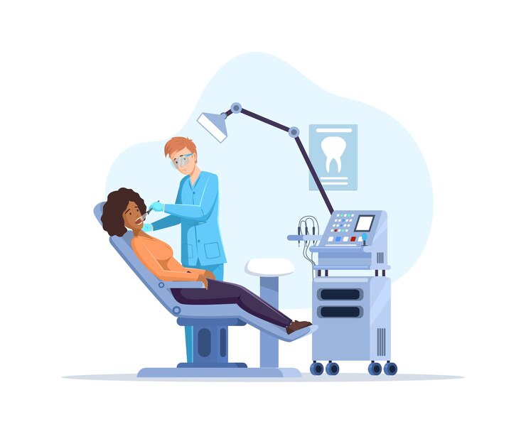 Vector male dentist doing medical check up to female patient dental examination disease diagnosis vector