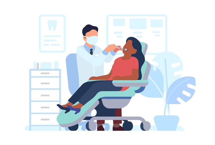 Vector male dentist examines female patients teeth dental prevention woman at doctors appointment professional oral health care medical treatment in hospital vector stomatology concept