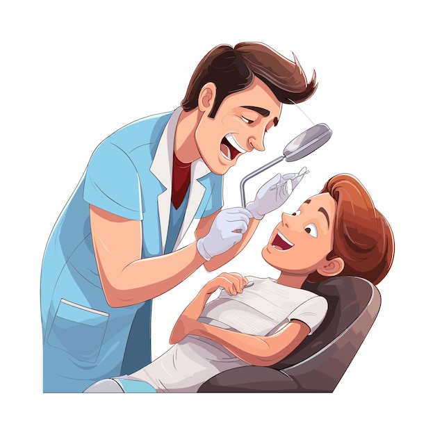 A male dentist examining a young girl teeth cartoon vector illustration