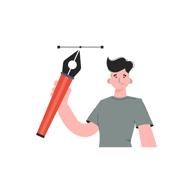 Vector a male designer stands waistdeep and holds a pen tool in his hands isolated element for presentations sites