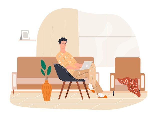 Vector male designer working concept man is sitting at a laptop on an easy chair and creating a design for