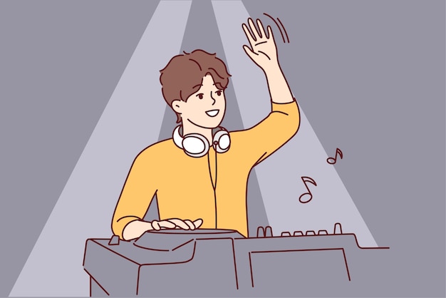 Male DJ with headphones waving to greet club goers and cheer up dancing people Vector image