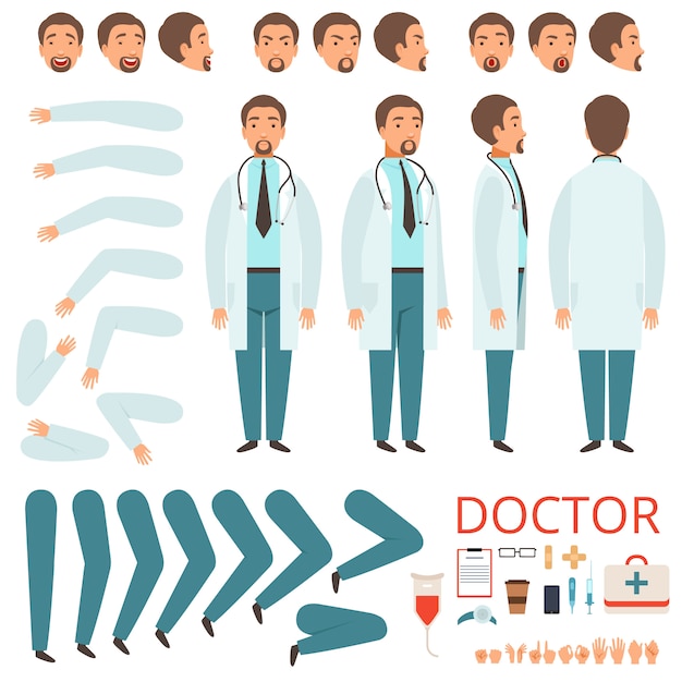 Male doctor animation, Hospital staff character body parts legs arms clothes healthcare items collection