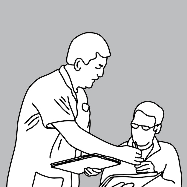 Vector male doctor asking the patient to put signature on an informed consent document vector