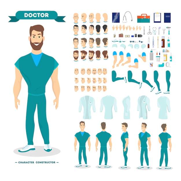 Vettore set di caratteri medico maschio per l'animazione con varie viste, acconciatura, emozione, posa e gesto.
