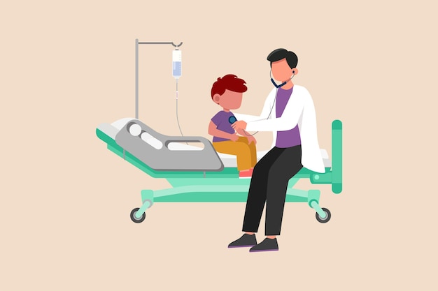 Male doctor checking little boy health using a stethoscope on hospital bed Doctor and patient concept Vector illustration