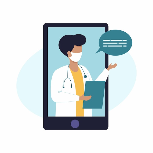 A male doctor conducts a consultation via video link. remote medical care. family doctor in your smartphone. vector illustration for the application on the mobile phone.