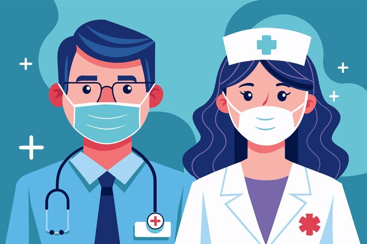 Vector a male doctor and a female nurse are smiling while wearing protective masks emphasizing the importance of healthcare teamwork amid current health guidelines