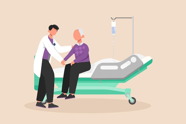 Male doctor gives encouragement to the grandfather in the room Hospital concept Colored flat graphic vector illustration isolated