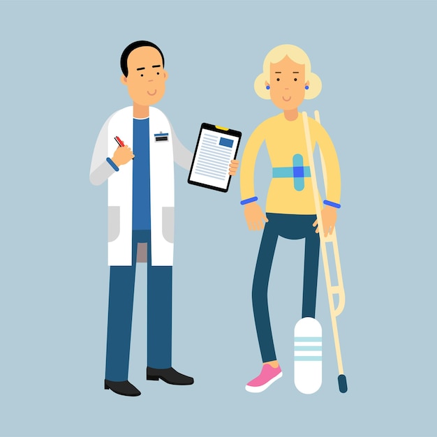 Male doctor giving recommendations to the female patient with a broken leg, vector illustration on a light blue background