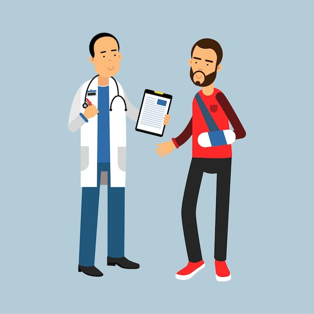 Male doctor giving recommendations to the patient with a broken arm, vector Illustration on a light blue background