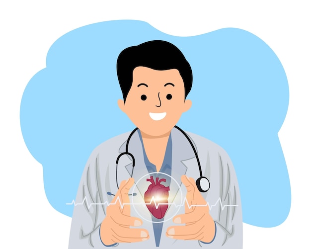 male doctor hold human heart in hands virtual screen