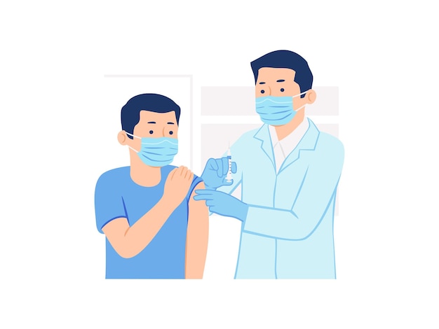 남성 의사 의료 마스크 Covid-19 예방 접종 예방 접종 개념 그림을 입고 남성 환자에게 백신 주사를주는 주사기를 들고