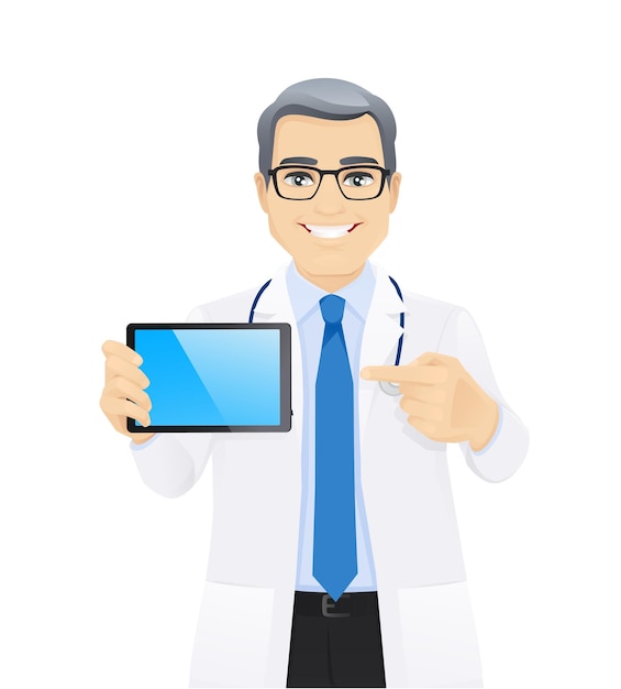 Male doctor holding tablet with blank screen isolated vector illustration