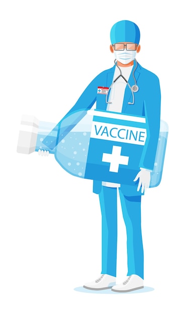 Male doctor holds large ampoule with vaccine. cartoon doctor holding big bottle isolated on white.