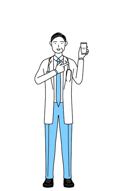 벡터 청진기를 들고 백의를 입은 남자 의사 중년 재향군인들이 스마트폰으로 현금 없는 온라인 결제를 권하고 있다