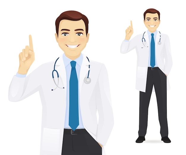 Male doctor pointing finger up isolated vector illustration