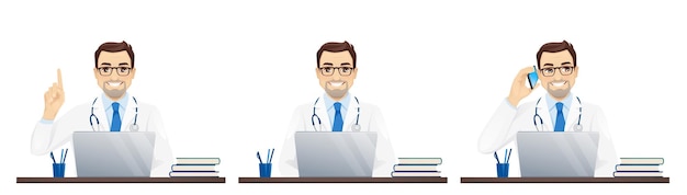 Male doctor using laptop computer sitting at the desk isolated vector illustration