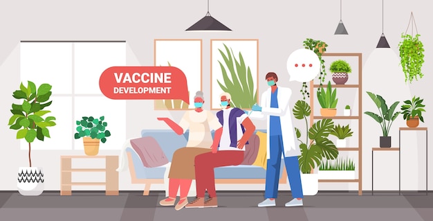 Male doctor vaccinating senior patients in masks to fight against coronavirus vaccine development concept full length horizontal  illustration