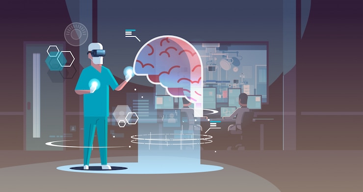 Vector male doctor wearing digital glasses looking virtual reality brain human organ anatomy healthcare