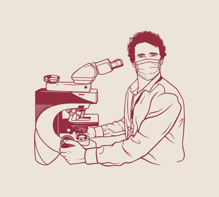 Vector male doctor wearing a mask using a microscope in the laboratory vector illustration