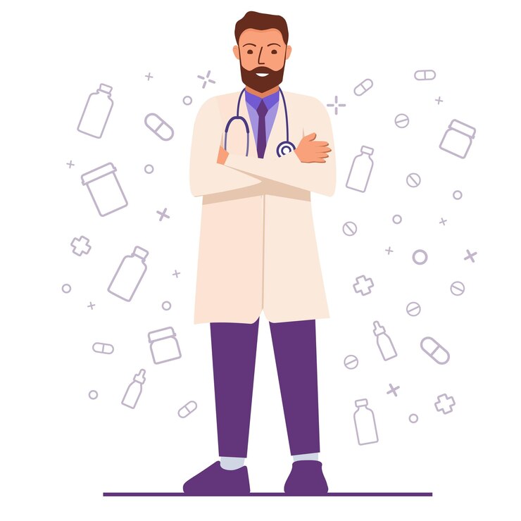 Vector male doctor wearing white coat portraits of male medical worker