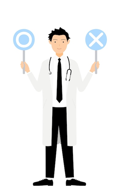 Vector a male doctor in white coat holding a ticktock stick in a pose of matching answers