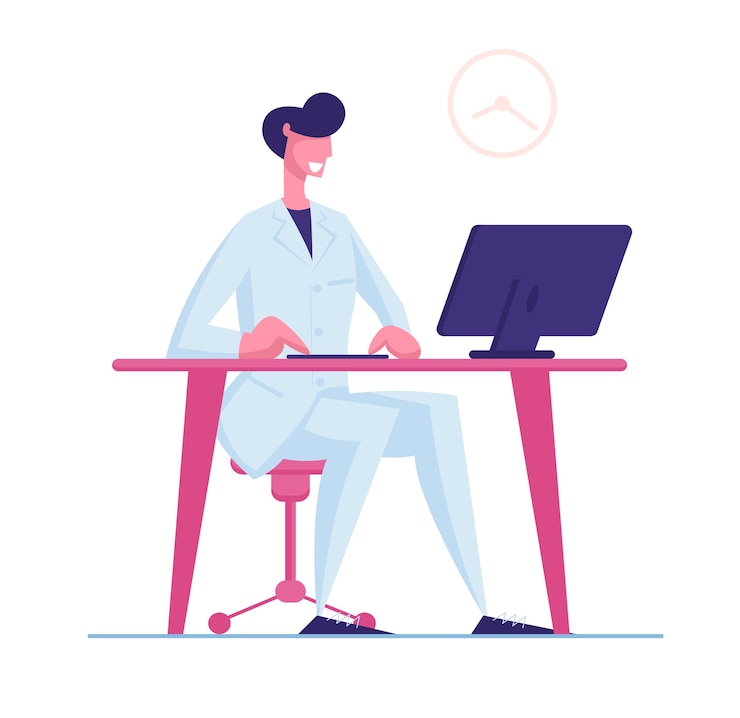 Vector male doctor in white medical robe working on computer sitting at desk