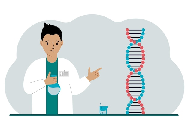 Male doctor with flasks near the dna chain The concept of a new coronavirus virus pcr or disease treatment