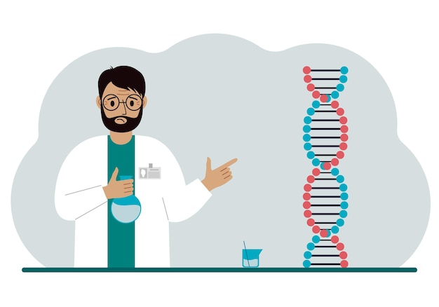 DNA 사슬 근처에 플라스크가 있는 남성 의사 새로운 코로나바이러스 바이러스 pcr 또는 질병 치료의 개념