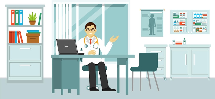 Vector male doctor working in hospital office