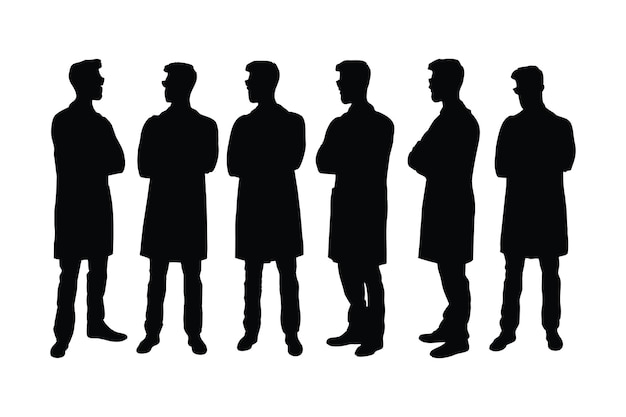 Male doctors wearing uniforms silhouette set vector on a white background Surgeon standing in different positions silhouette collection Medical doctors scientists and surgeons with anonymous faces